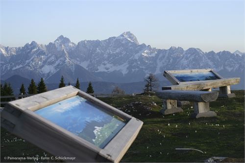 Dobratsch, Villacher Alpenstraße, mehrere Schautafeln an den Parkplätzen zur Rosstratte, in massiven Lärchenholzrahmen.