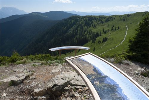 Naturkino Leogang, mehrere Schautafeln auf Holz, jeweils 3 Meter breit