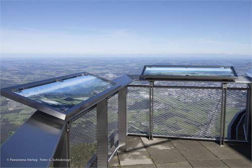 Untersbergbahn, Bergstation. Vier Panorama-Schautafeln auf Sicherheitsglas, rückseitig bedruckt, jeweils 150 x 40 cm, in Spezial-Nirostarahmen